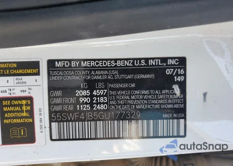 2016 Mercedes-Benz C 300 из США, поврежденный, VIN 55SWF4JB5GU177329